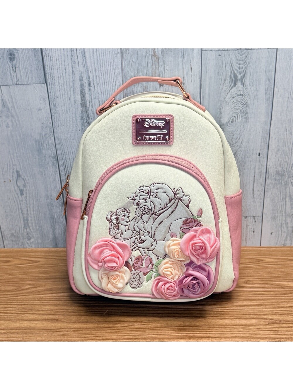 Loungefly Disney Beauty and the Beast Mini Backpack Cream Pink Rose Floral